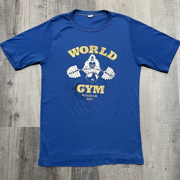 VTG World Gym T Shirt 70s/80s RARE Windsor Australia Bodybuilding Weightlifting - Picture 1 of 5